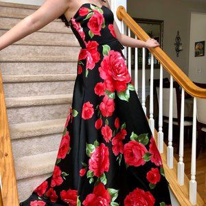 Black and Red Rose Strapless Prom Gown